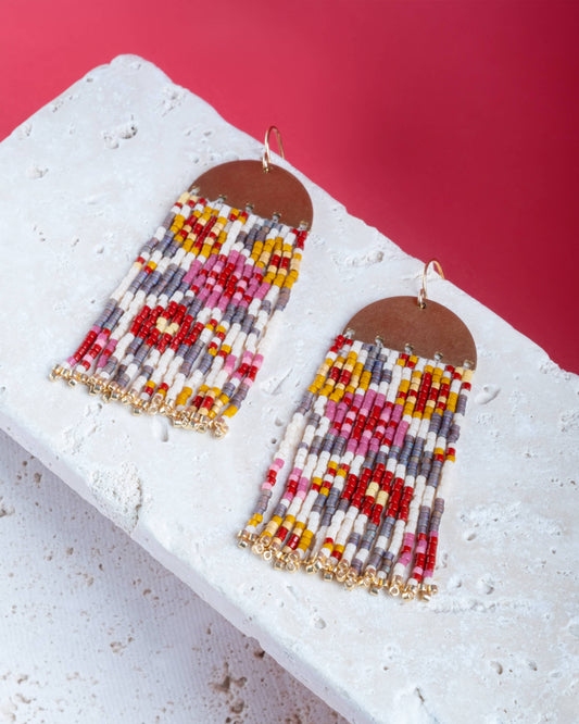 Handwoven Beaded Summer Garden Fringe Earrings | Wine-Mustard