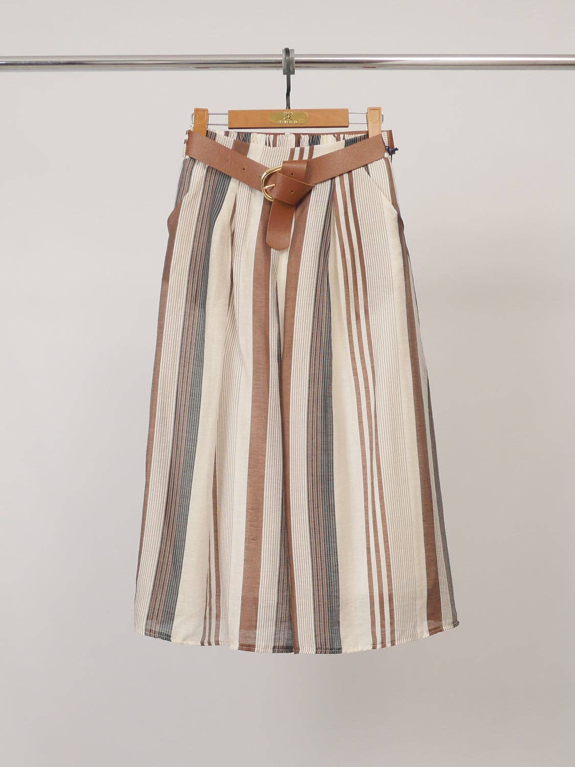 Striped Midi Skirt with Belt | Bordeaux