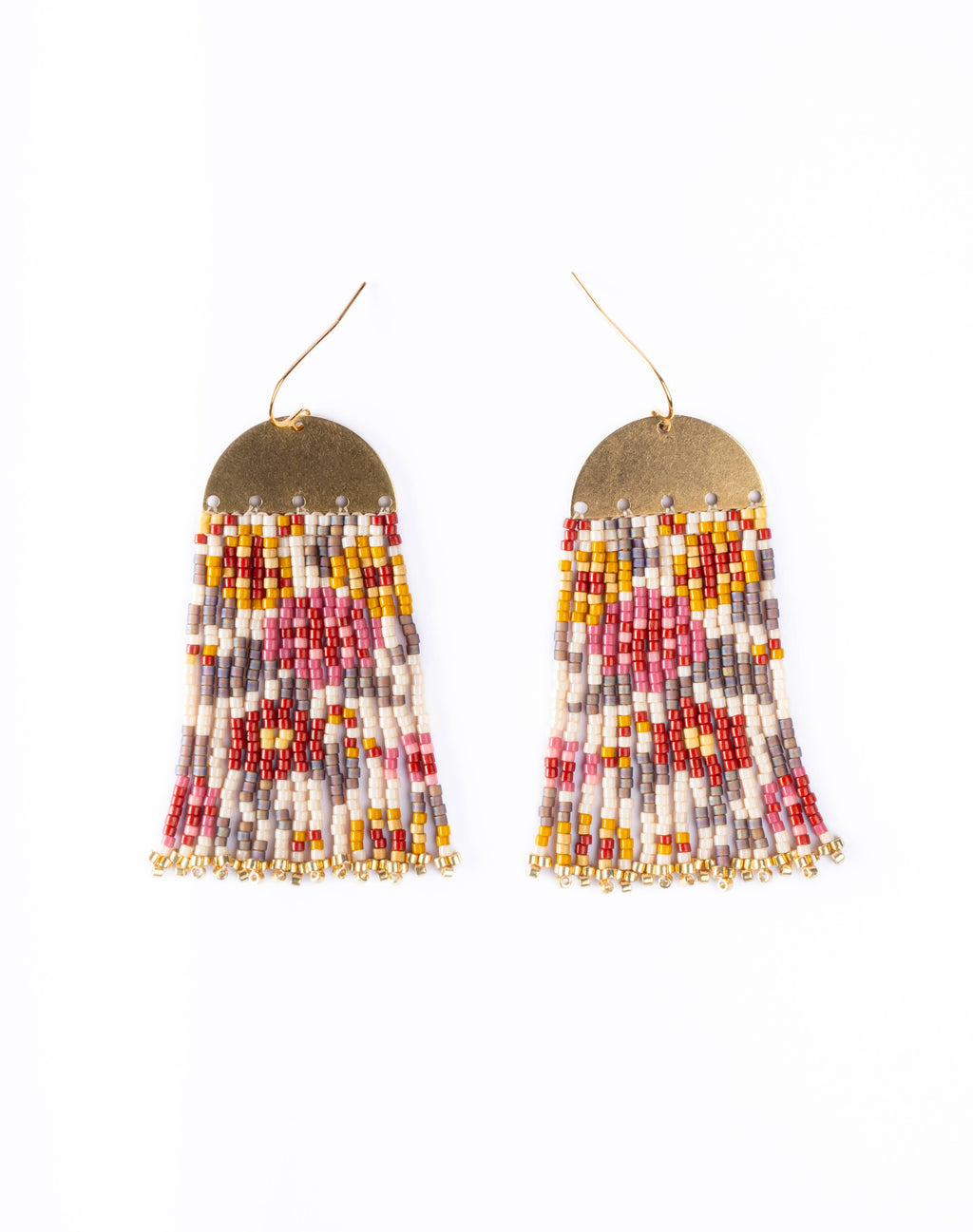 Handwoven Beaded Summer Garden Fringe Earrings | Wine-Mustard