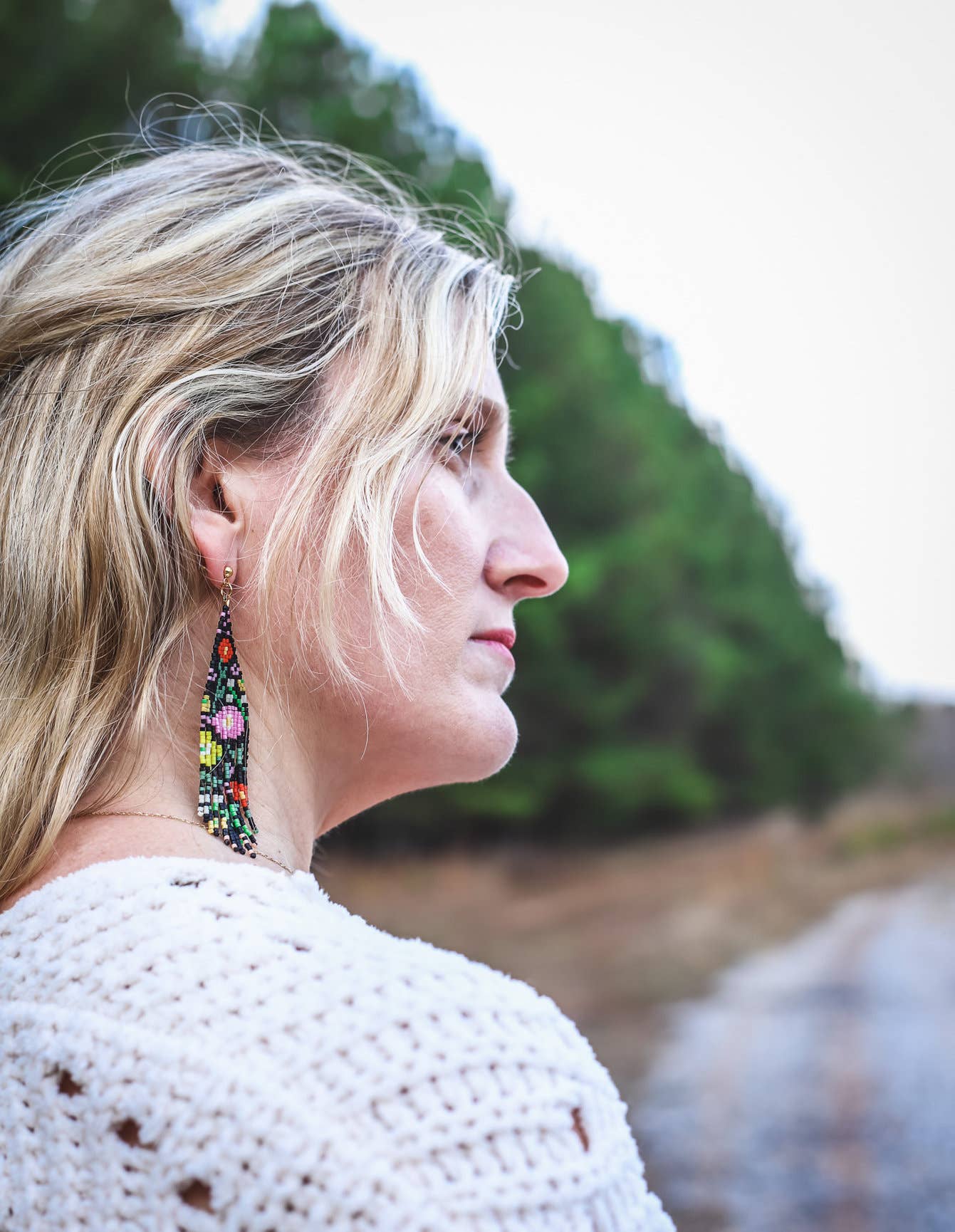 Beaded Handwoven Wildflower Fringe Earrings | Black