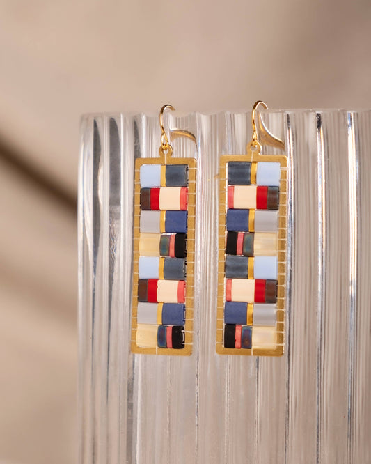 Handwoven Mosaic Tila & Brass Earrings |  Blue/Red