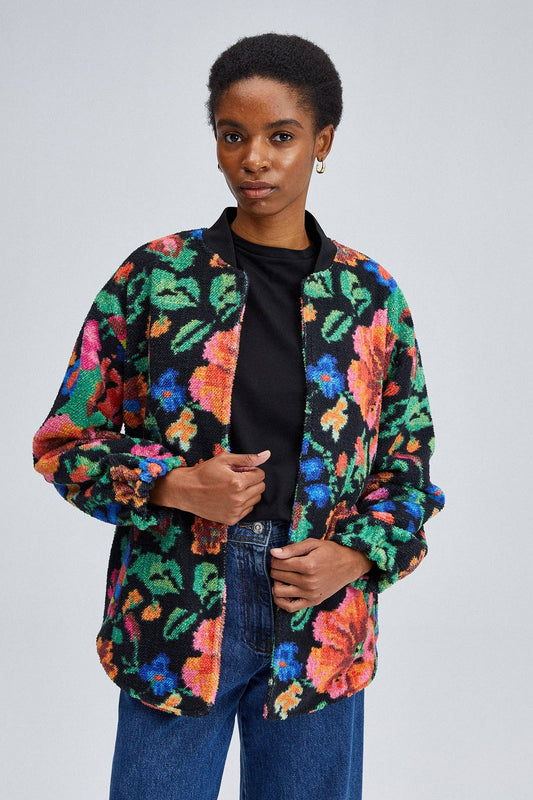 Floral Plush Bomber Jacket