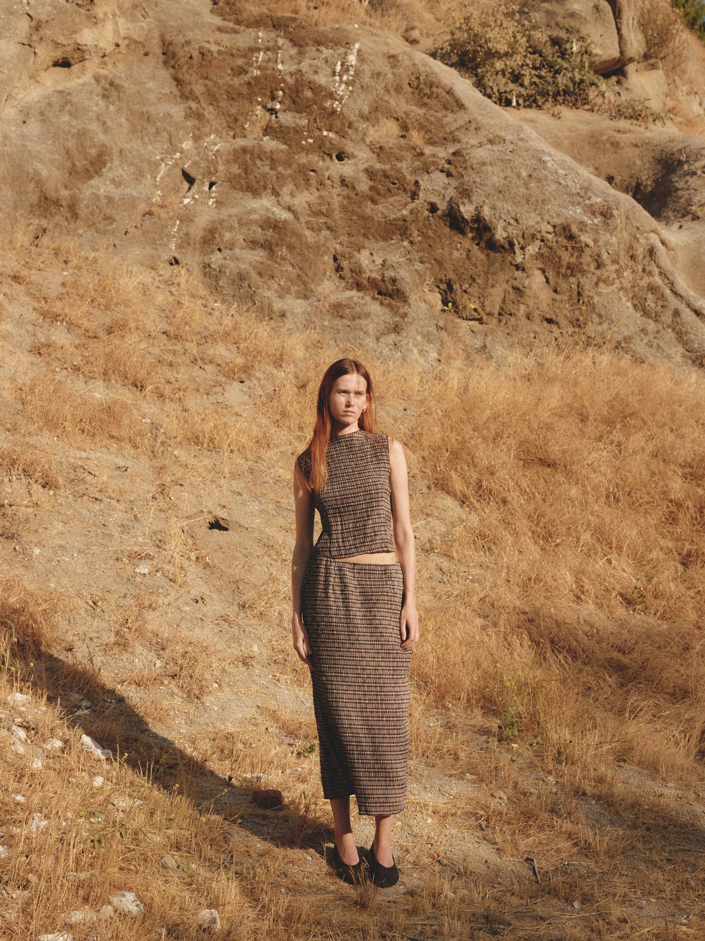 The Sab Skirt | Plaid Crinkle Midi Skirt