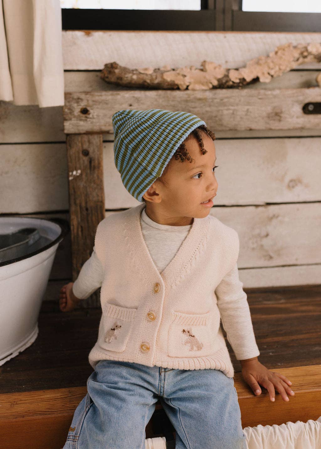 Berlin Merino Beanie | Green and Blue Stripe