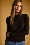 Sheer Stripe Long Sleeve Knit Top | Black