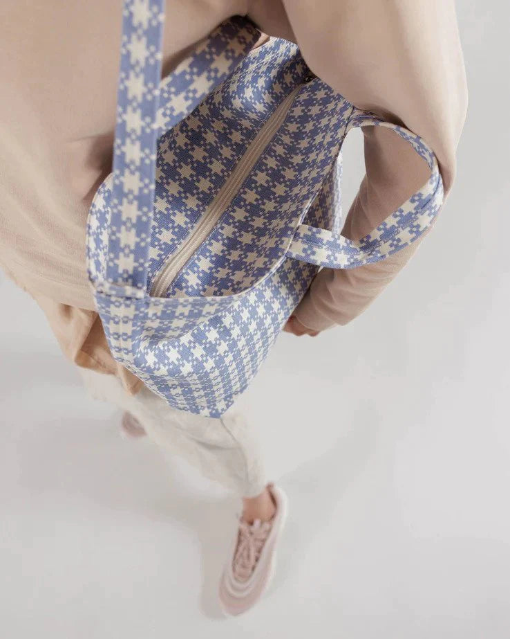 Horizontal Zip Duck Bag | Blue Pixel Gingham