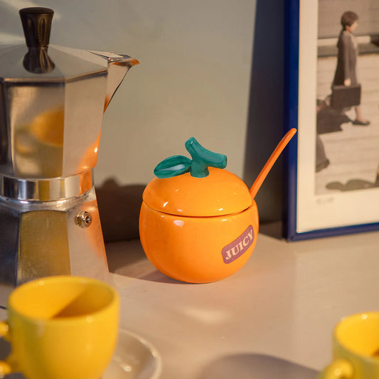 Orange Sugar Bowl with Spoon