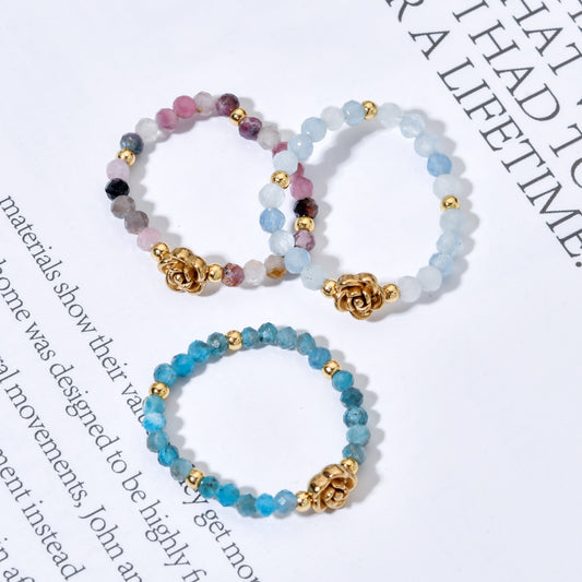 Stone Bead Elastic Ring with Flower | various colours