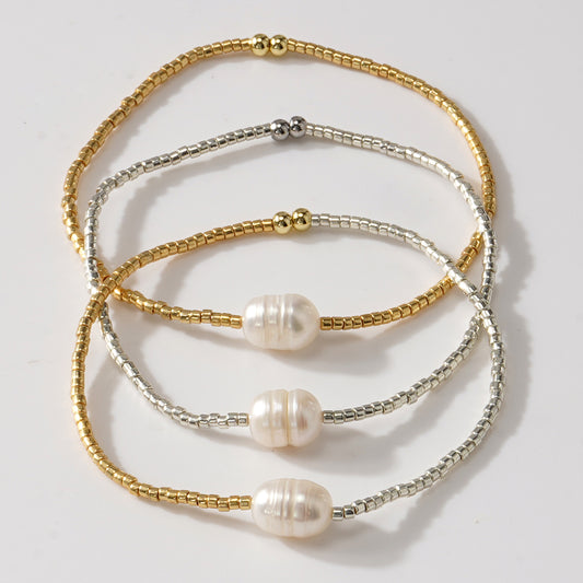 Gold & Silver Pearl Elastic Bracelet | Gold + Silver