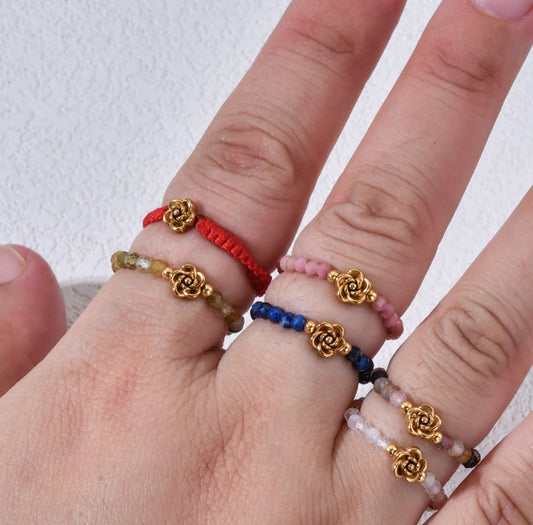 Stone Bead Elastic Ring with Flower | various colours