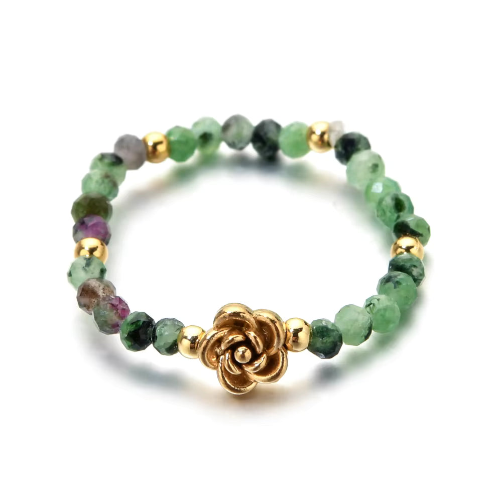 Stone Bead Elastic Ring with Flower | various colours