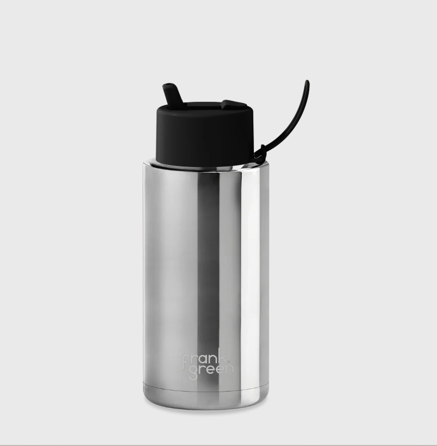 Chrome Ceramic Bottle Straw Lid | 34oz Silver & Black