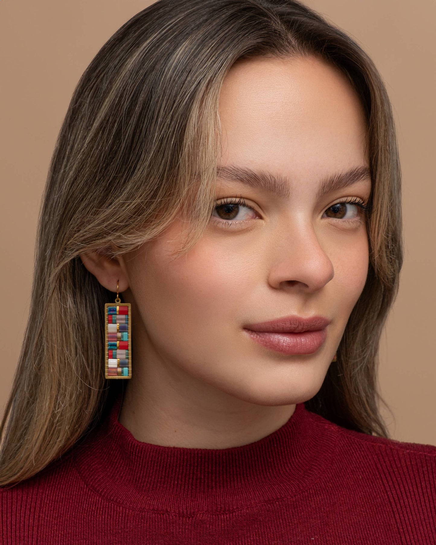 Handwoven Mosaic Tila and Brass Earrings | Lilac