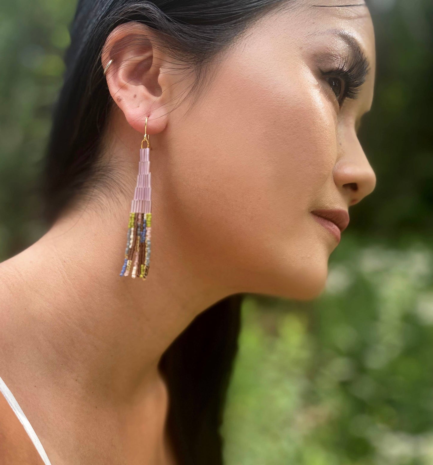 Beaded Handwoven Abstract Fringe Earrings | Lilac