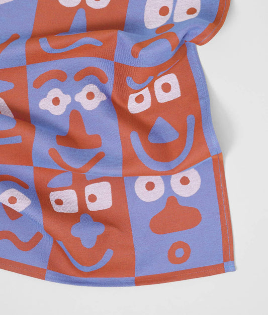 Faces Blue/Brown | Cotton Tea Towel