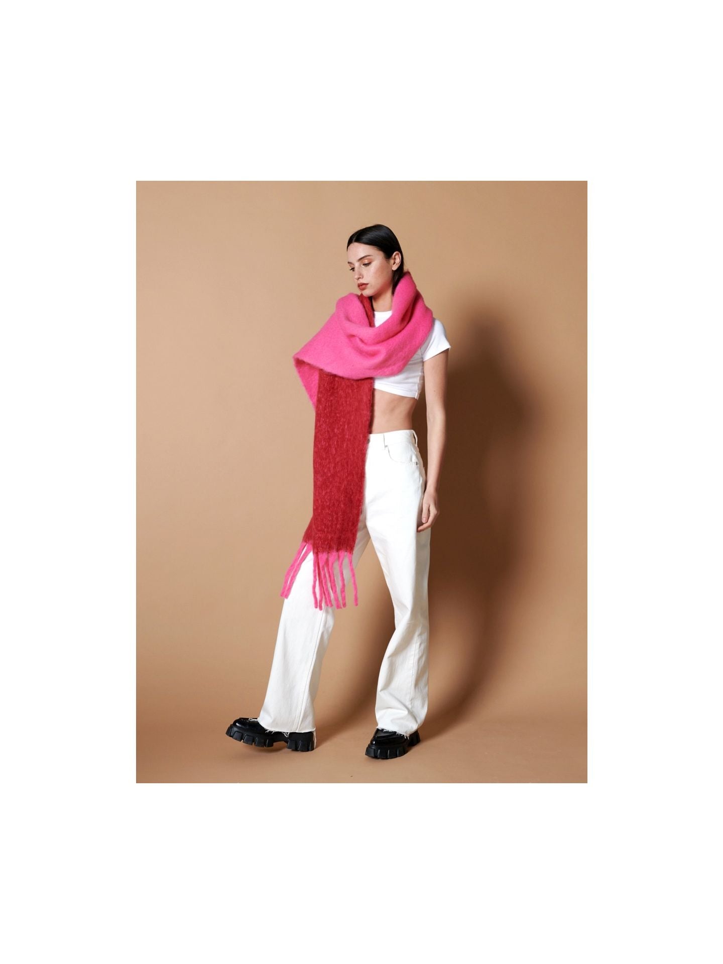 Colour Block Two-Tone Fluffy Scarf | Pink/Red