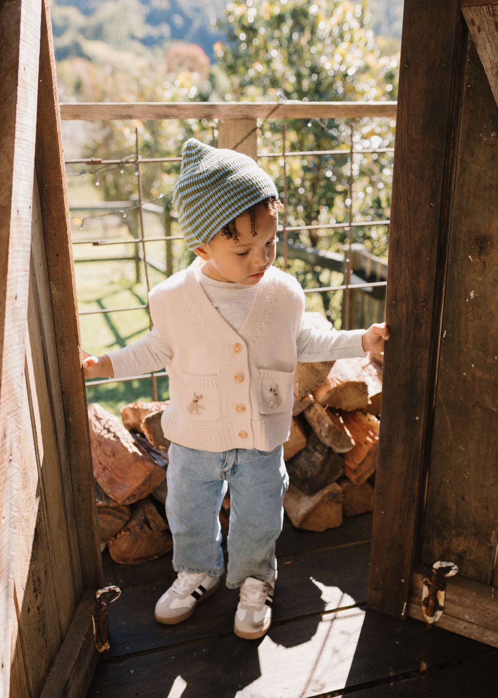 Berlin Merino Beanie | Green and Blue Stripe
