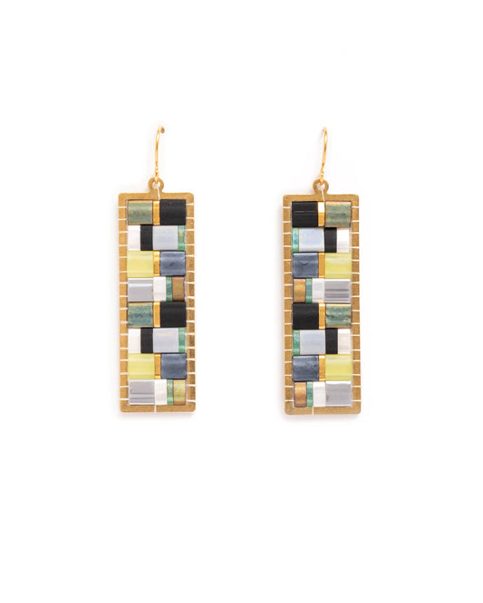 Handwoven Mosaic Tila and Brass Earrings | Green/Grey