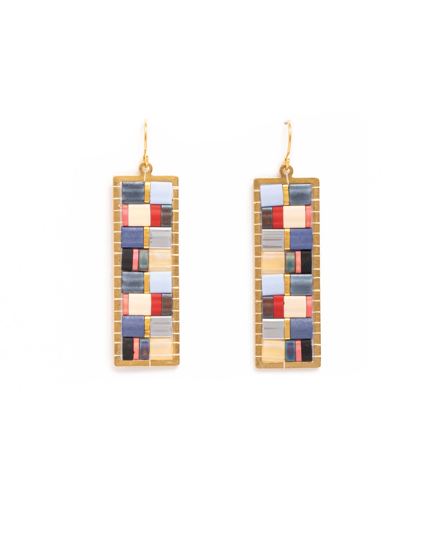 Handwoven Mosaic Tila & Brass Earrings |  Blue/Red