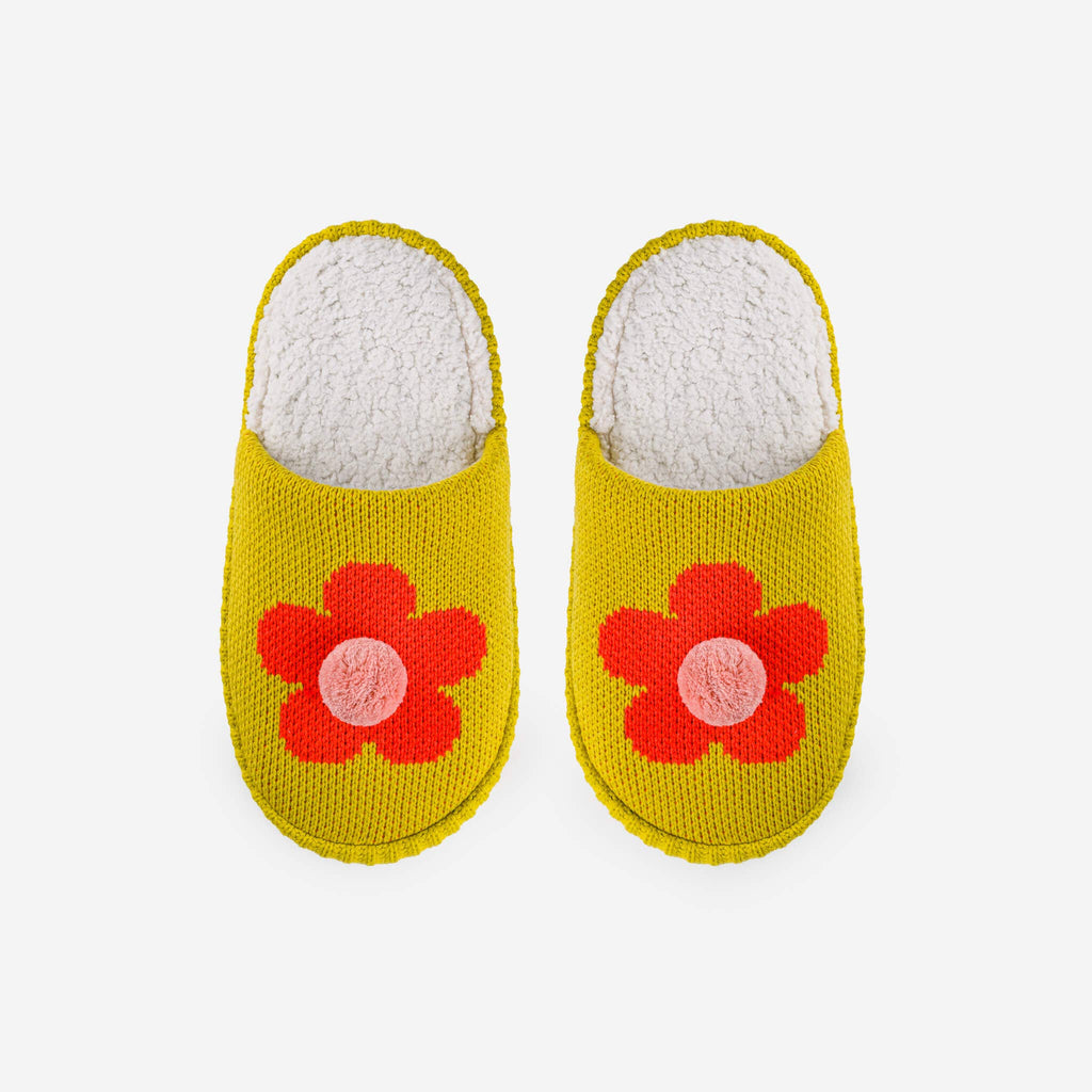Flower Pom Slide Slippers | Golden Olive