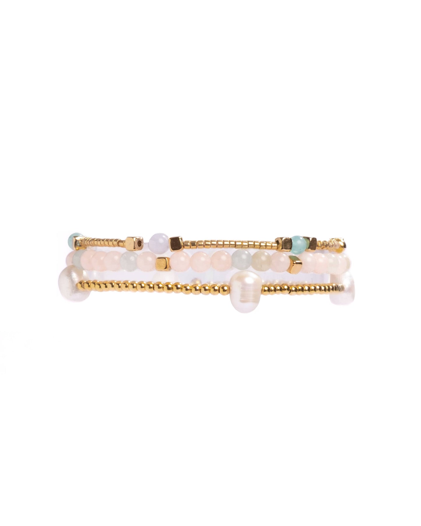 Morganite and Pearl Miyuki Stretch Bracelets | Set of 3
