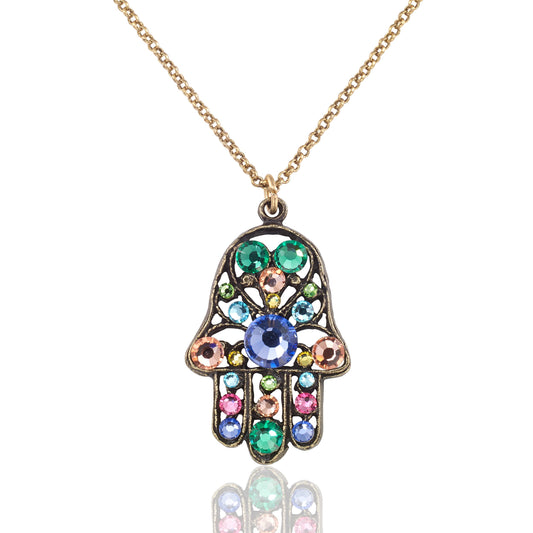 Pastel Protection Multicolor Crystal Hamsa Necklace