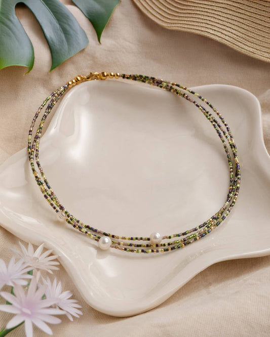 Miyuki and Pearl Layering Necklace | Green & Brown