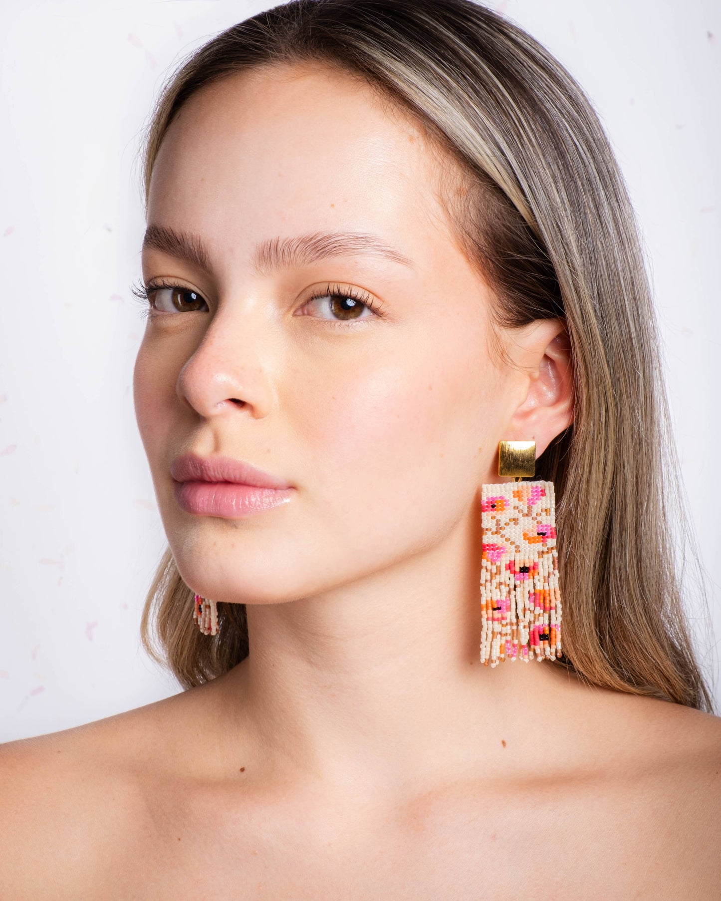 Beaded Poppy Flower Fringe Earrings | Cream/Pink