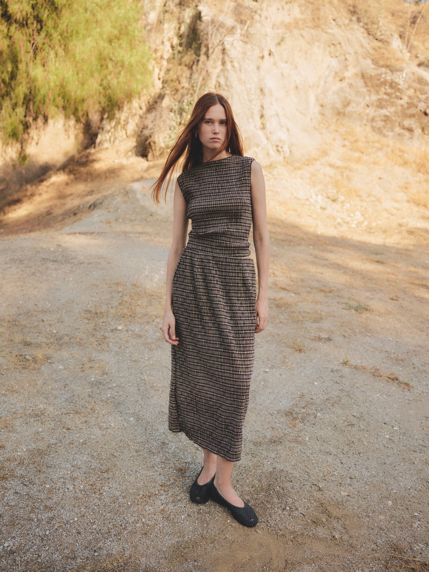 The Sab Skirt | Plaid Crinkle Midi Skirt