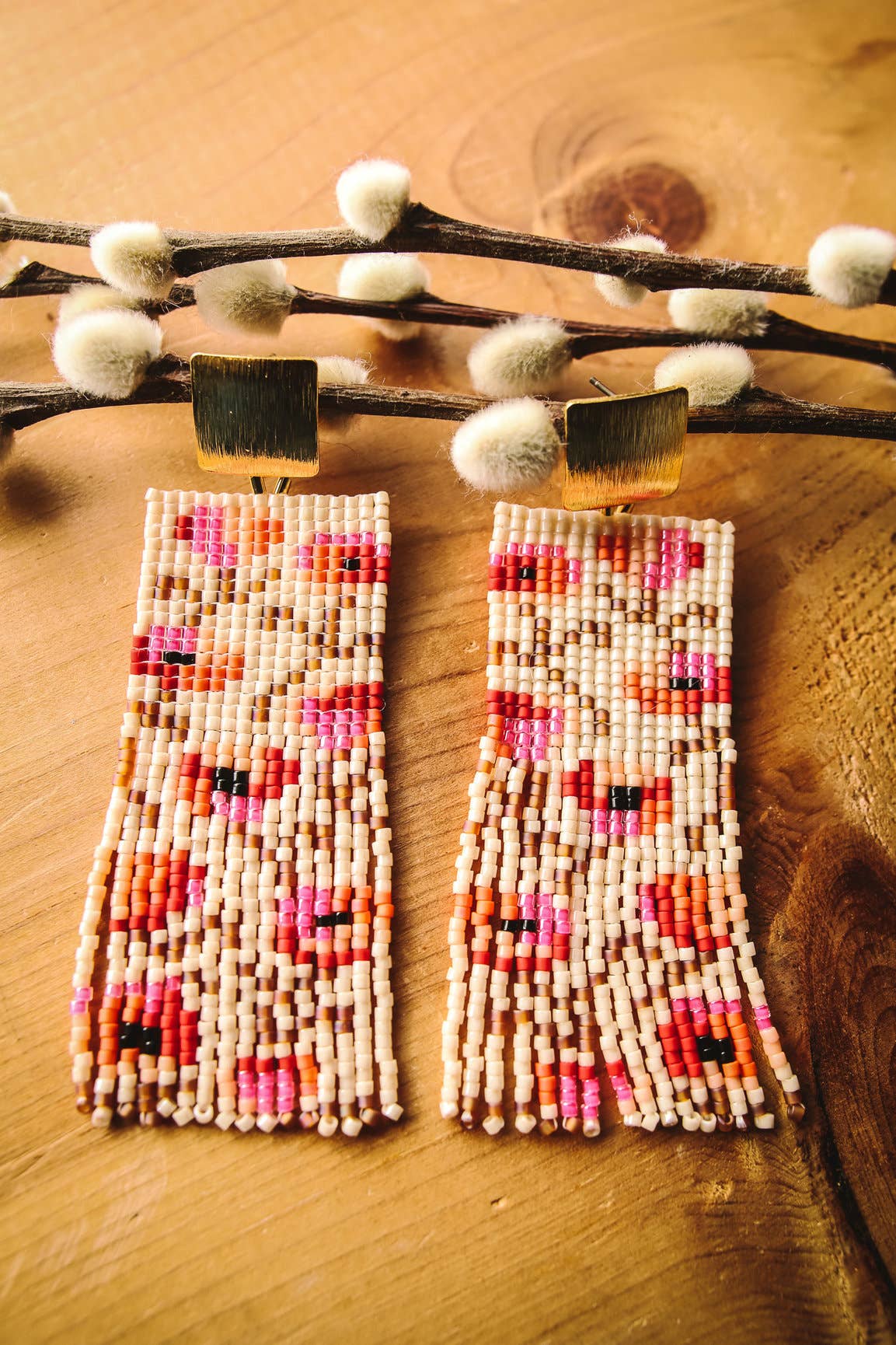 Beaded Poppy Flower Fringe Earrings | Cream/Pink