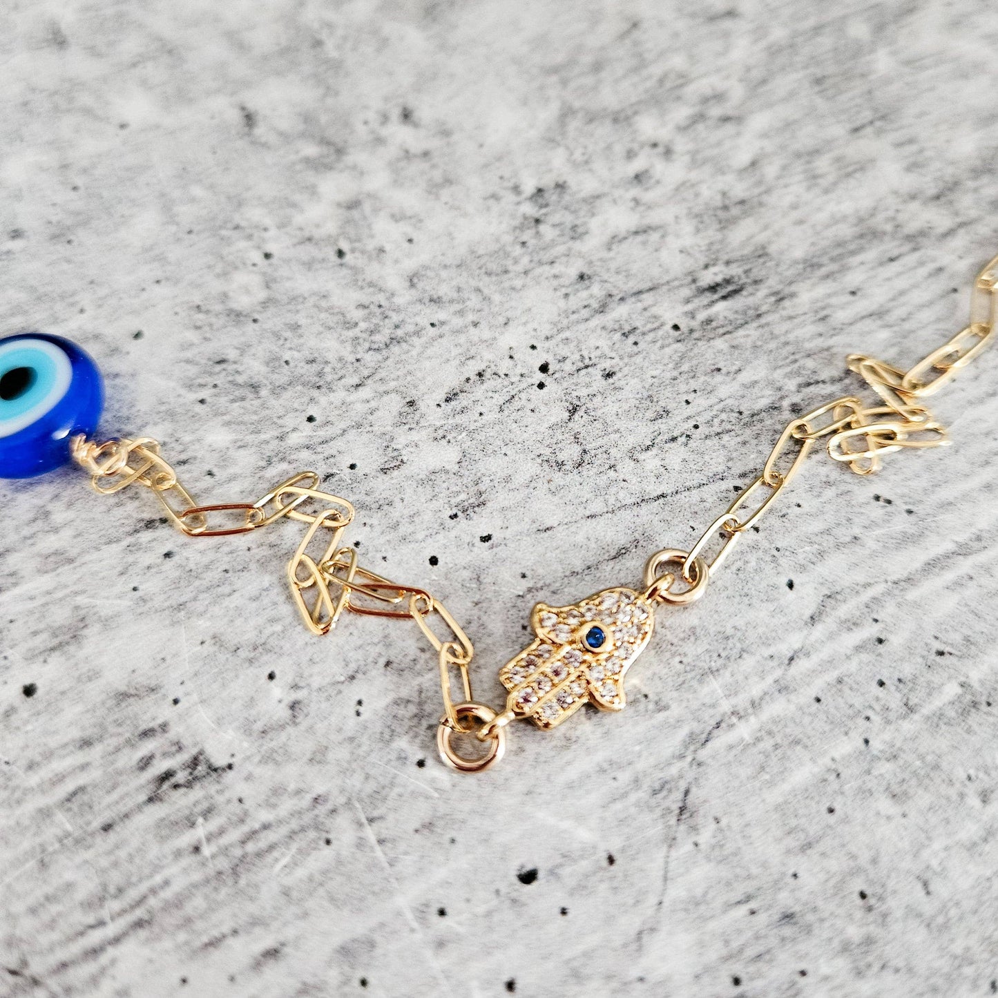 Dainty Hamsa Evil Eye Bracelet | Gold + Crystal