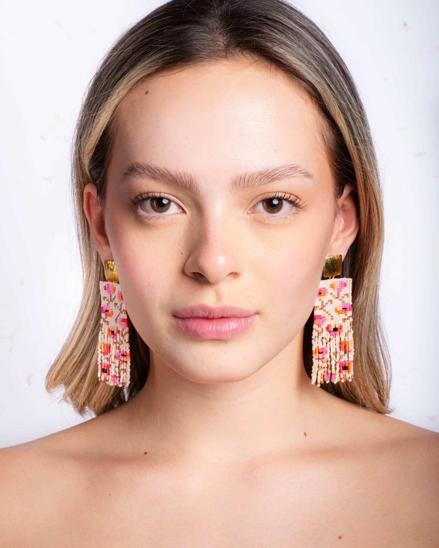 Beaded Poppy Flower Fringe Earrings | Cream/Pink