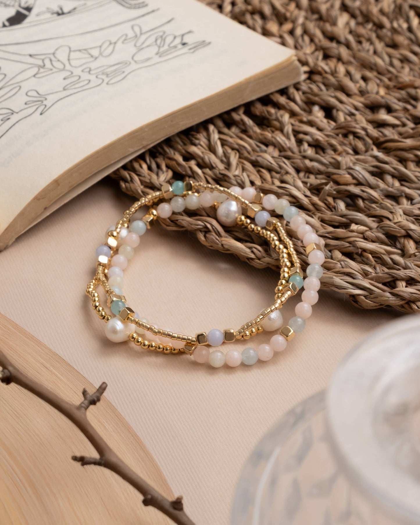 Morganite and Pearl Miyuki Stretch Bracelets | Set of 3