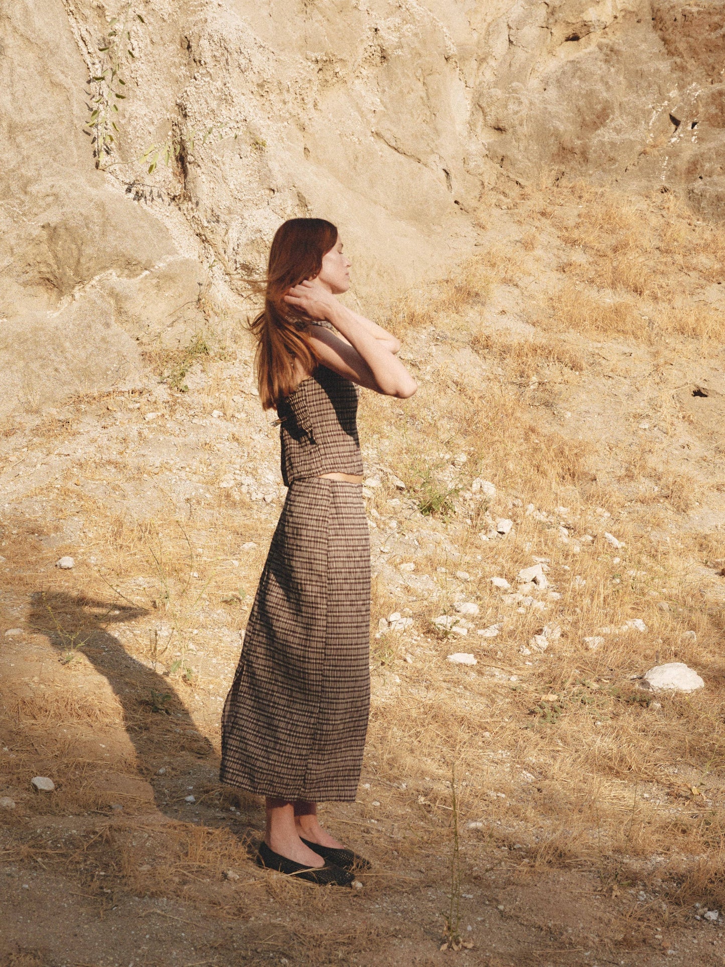 The Sab Skirt | Plaid Crinkle Midi Skirt