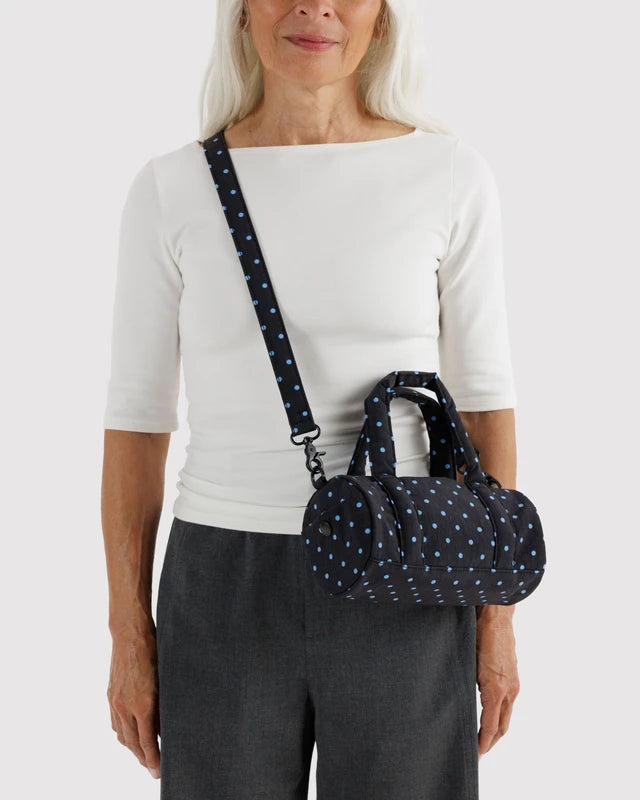 Small Nylon Duffle Bag | Black and Sky Blue Micro Dot