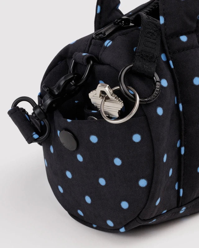 Small Nylon Duffle Bag | Black and Sky Blue Micro Dot