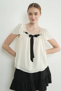 Lace Trim Blouse with Bow | White
