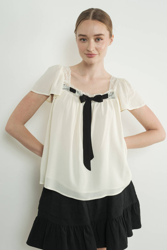 Lace Trim Blouse with Bow | White