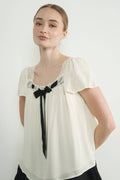 Lace Trim Blouse with Bow | White