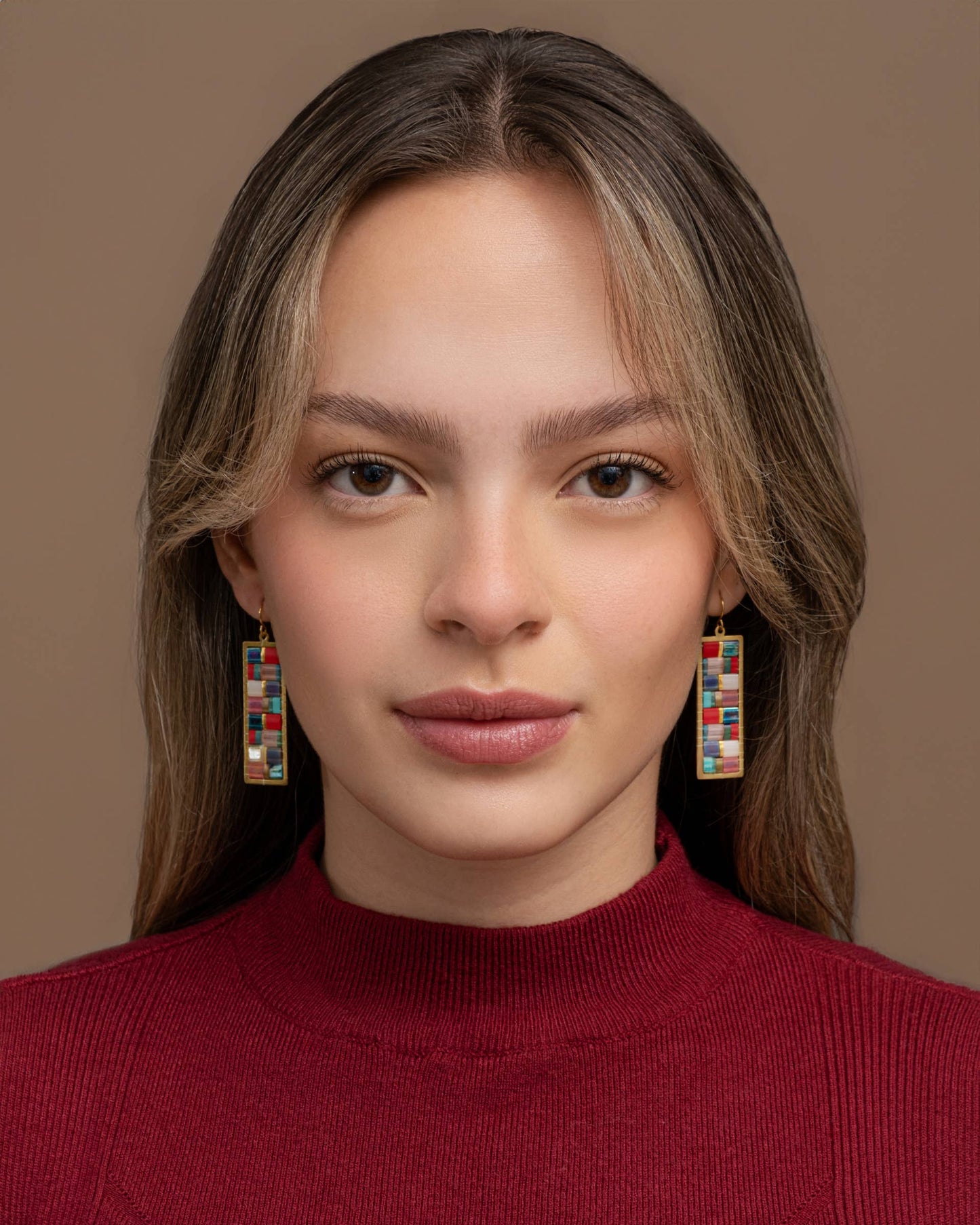 Handwoven Mosaic Tila & Brass Earrings |  Blue/Red