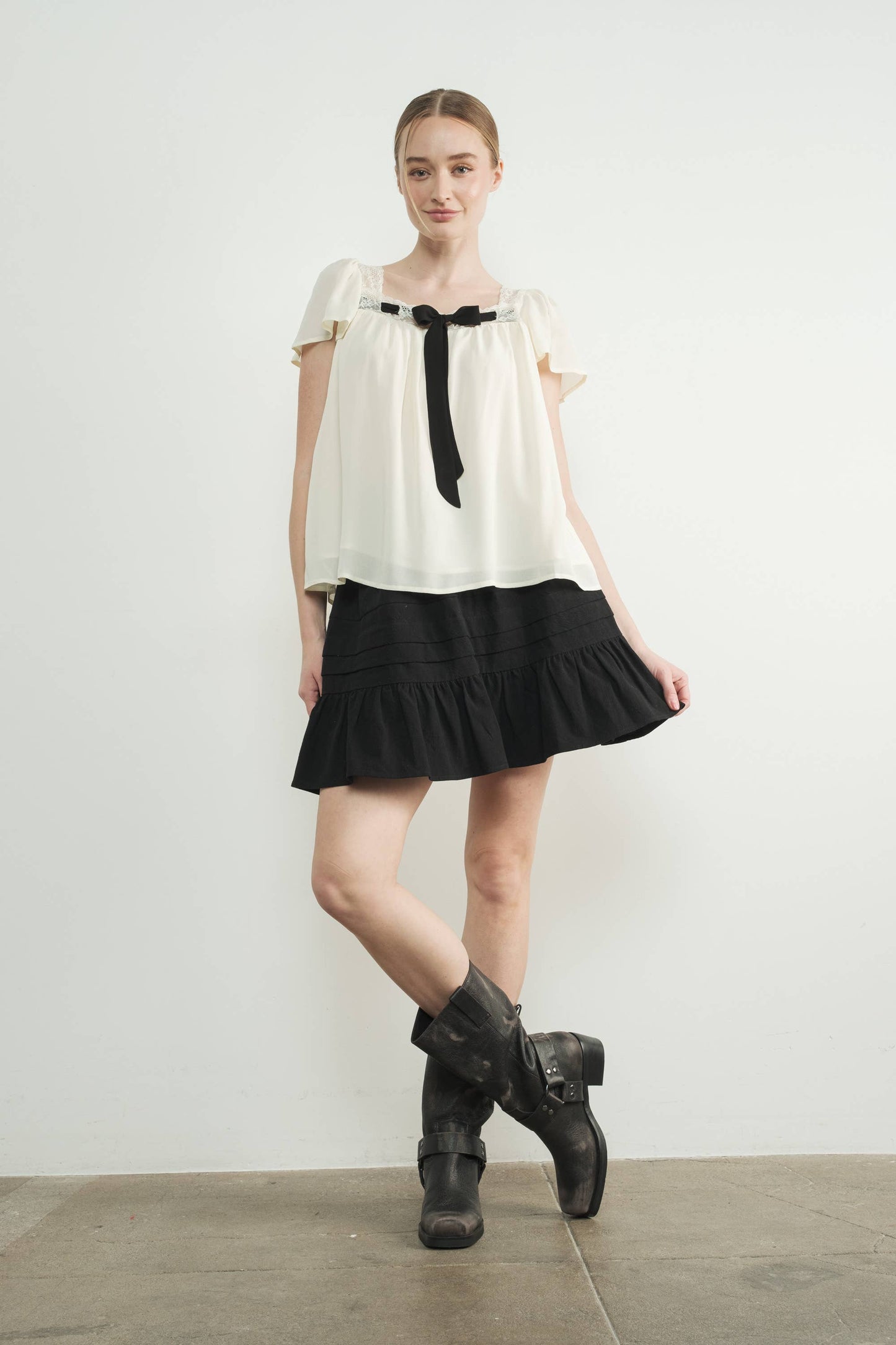 Lace Trim Blouse with Bow | White