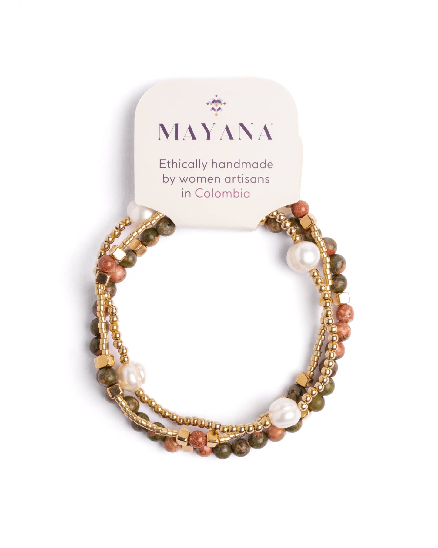 Unakite and Pearl Miyuki Stretch Bracelets | Set of 3