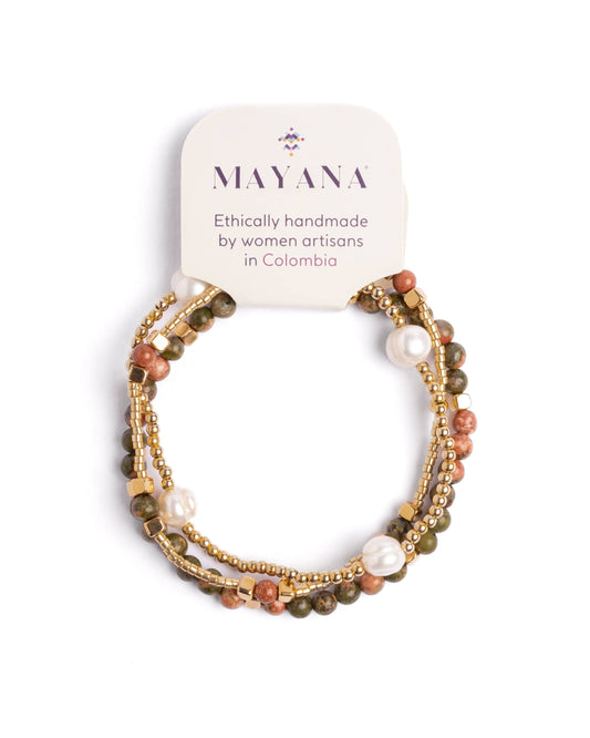 Unakite and Pearl Miyuki Stretch Bracelets | Set of 3