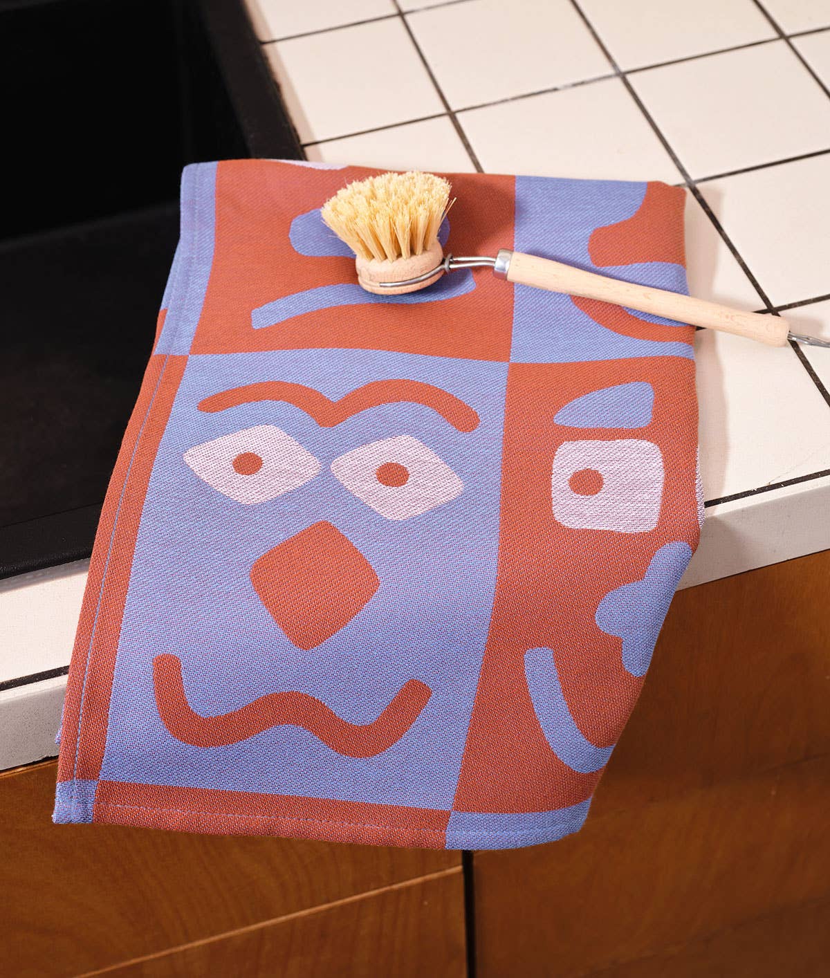 Faces Blue/Brown | Cotton Tea Towel