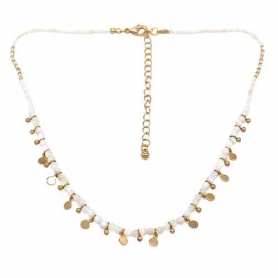 Semi Precious Beads & Metal Disc Necklace | Gold/White