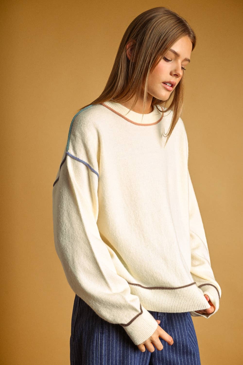 Multi Contrast Piping Knit Jumper | Cream