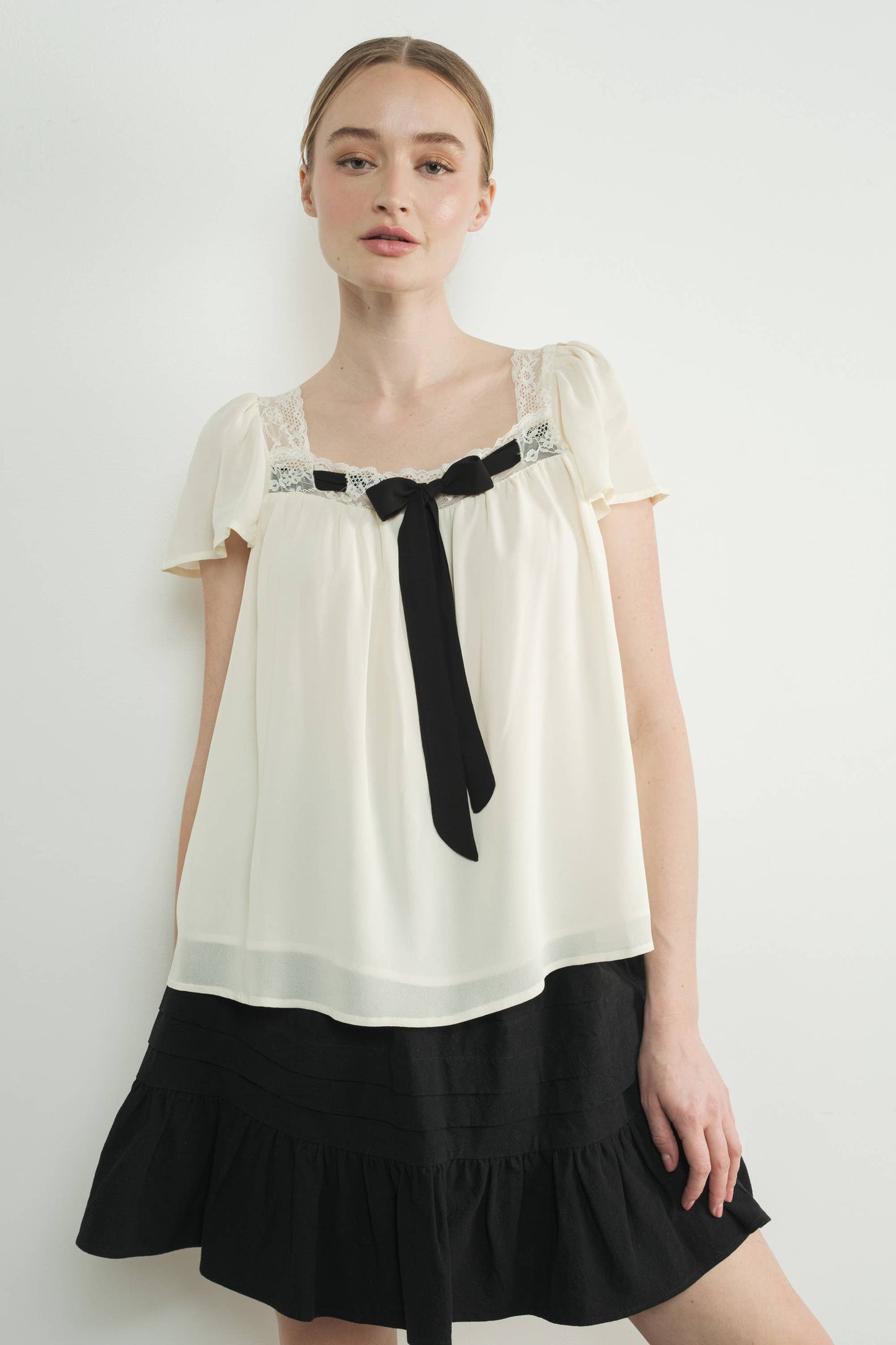 Lace Trim Blouse with Bow | White