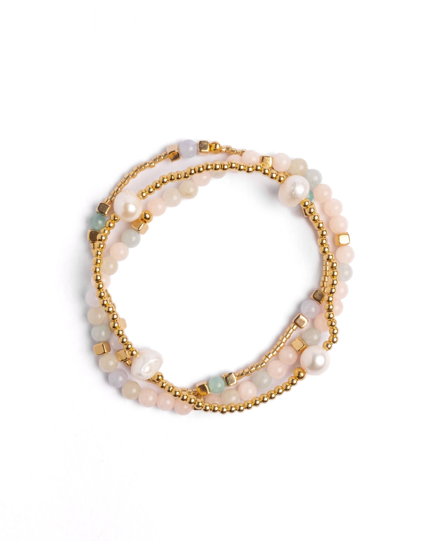 Morganite and Pearl Miyuki Stretch Bracelets | Set of 3