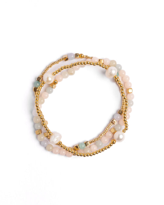 Morganite and Pearl Miyuki Stretch Bracelets | Set of 3