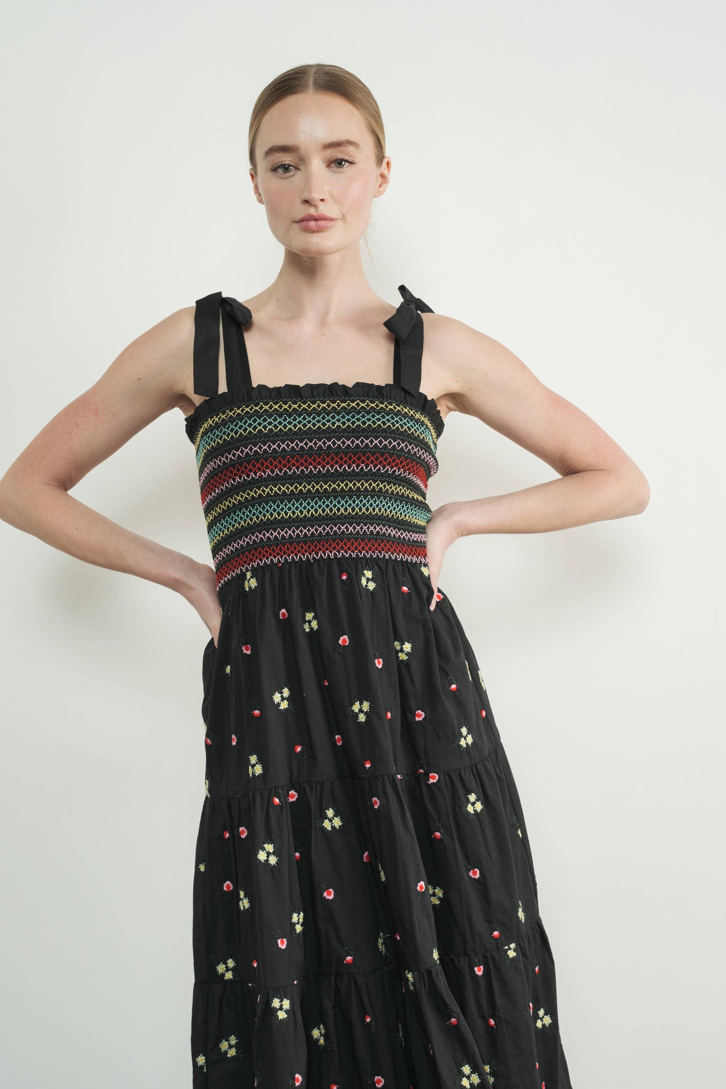 Embroidiered Smocked Bodice Floral Dress